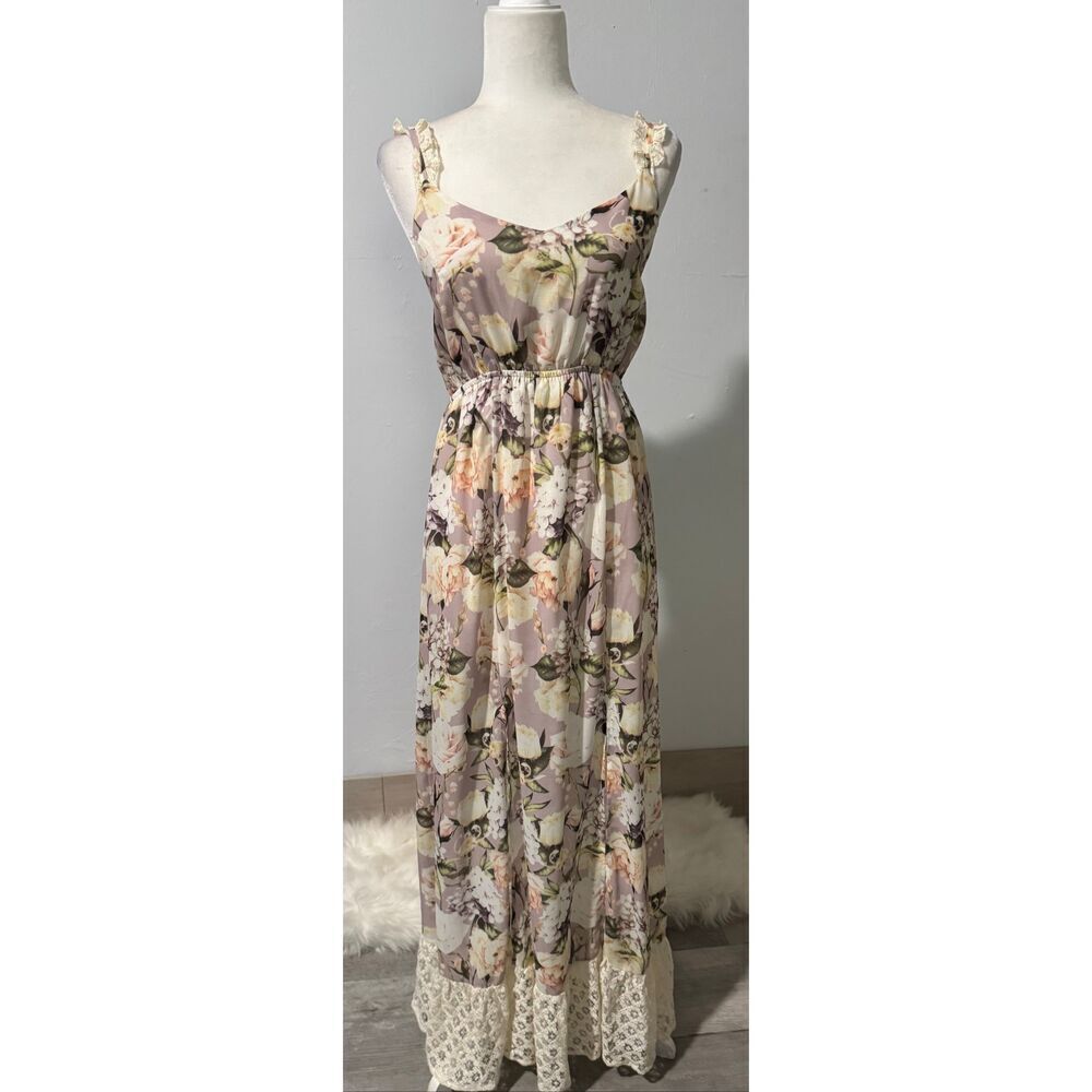 Hummingbird Floral lace boho front slit dress S